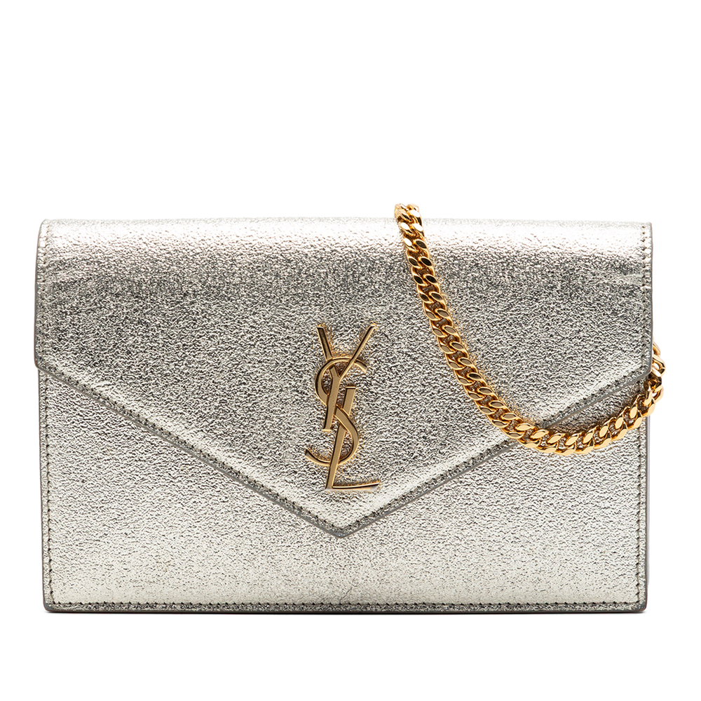 Pre-Loved Saint Laurent Metallic Textured Calfskin Envelope Wallet On Chain - Picture 1 of 6